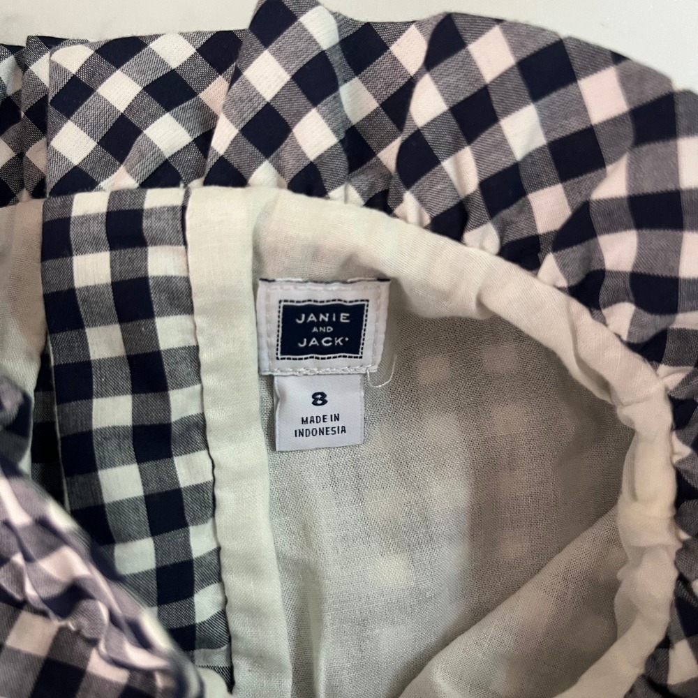Janie and Jack Gingham Ruffle Top Navy Gingham 100% Cotton Ruffle Sleeves size 8 - Picture 9 of 11